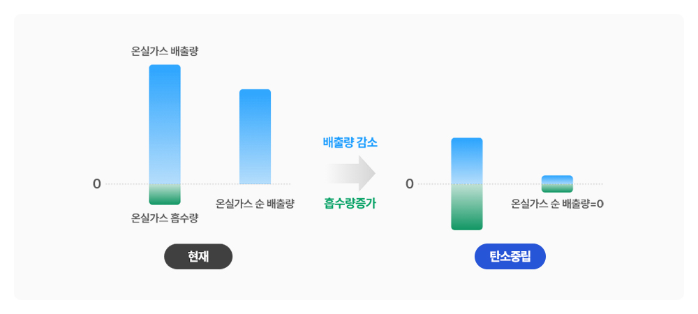 현재,0,온실가스 배출량,온실가스 흡수량,온실가스 순 배출량, 배출량 감소, 흡수량 증가, 탄소중립,0,온실가스 술 배출량=0