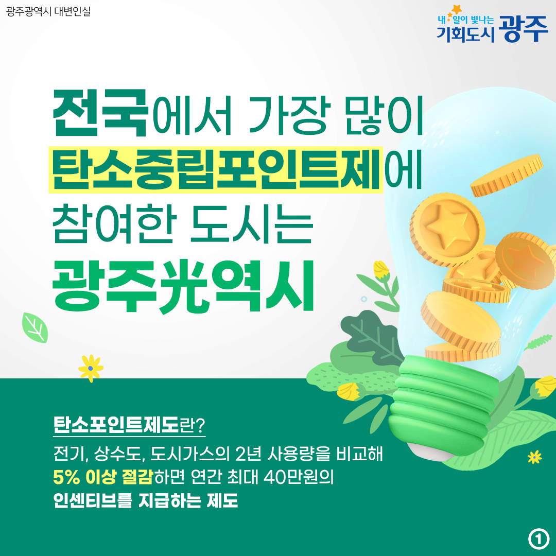 전국에서 가장 많이 탄소중립포인트제에 참여한 도시는 광주光역시 탄소포인트제도란? 전기, 상수도, 도시가스의 2년 사용량을 비교해 5% 이상 절감하면 연간 최대 40만원의 인센티브를 지급하는 제도_1