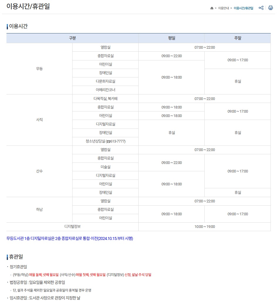시립도서관 이용시간 및 휴관일 안내