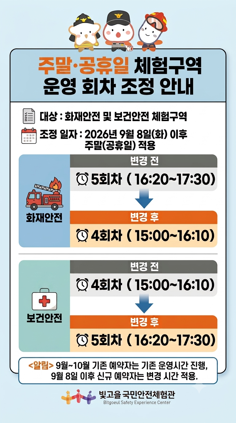 주말 및 공휴일 화재안전·보건안전 체험구역 운영 회차 조정 안내