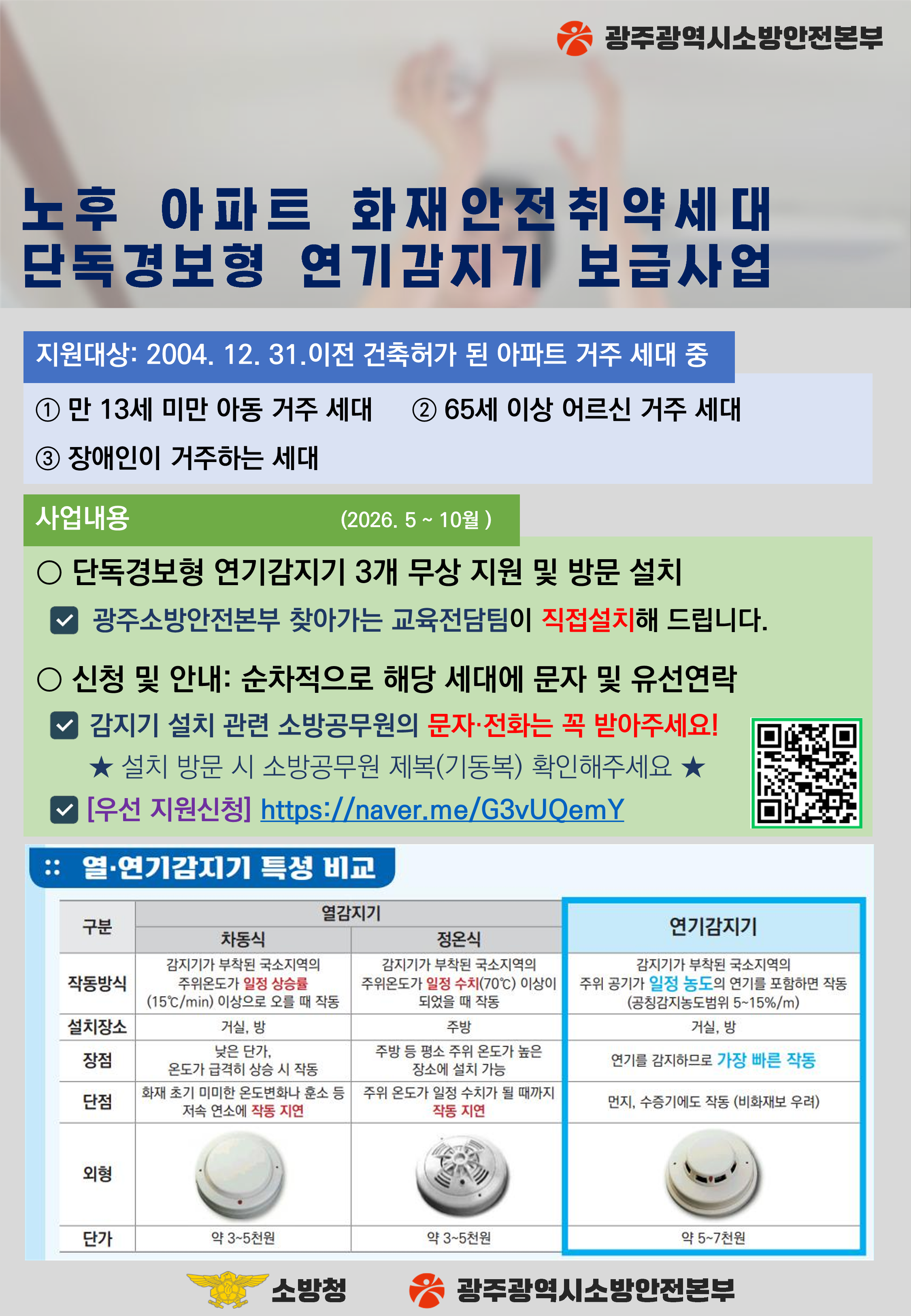 노후 아파트 화재안전취약세대 단독경보형 연기감지기 무상보급 사업 안내