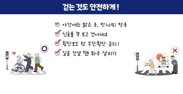 걷는 것도 안전하게! / 걸을때, 이것만은 꼭! / 야간에는 밝은 옷, 반사띠 착용 / 신호를 꼭 보고 건너세요 / 횡단보도 밖 무단횡단 금지!/ 길을 건널땐 좌우 살피기