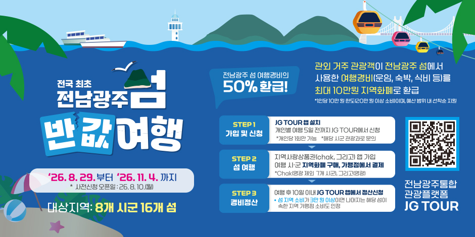 전국 최초 전남광주섬 반값여행/ '26. 8. 29.부터 '26. 11. 4. 까지 * 사전신청 오픈일 : 26. 8. 10.(월)/ 대상지역: 8개 시군 16개 섬/ 전남광주 섬 여행경비의 50% 환급! 관외 거주 관광객이 전남광주 섬에서 사용한 여행경비(운임, 숙박, 식비 등)를 최대 10만원 지역화페로 환급 *1인당 10만 원 한도(20만원 이상 소비)이며, 예산 범위 내 선착순 지원/ STEP1 가입 및 신청 JG TOUR 앱 설치/ 개인별 여행 5일 전까지 JG  TOUR에서 신청/ *개인당 1회만 가능/ *해당 시군 관광과로 문의 STEP2 섬 여행 / 지역사랑상품권(chak, 그리고) 앱 가입/ 여행 시·군 지역 화폐 구매, 가맹점에서 결제/ *chak(영광 제외 7개 시군), 그리고(영광)/ STEP3 경비정산 여행 후 10일 이내 JG TOUR 앱에서 정산신청/ * 섬 지역 소비가 3만 원 이상이면 나머지는 해당 섬이 속한 지역 가맹점 소비도 인정/ QR코드 전남광주통합 관광플랫폼 JG TOUR